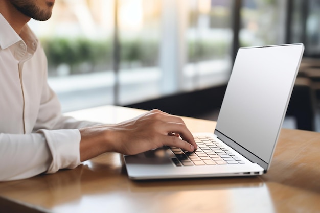 primer plano de un hombre escribiendo en una computadora portátil con una pantalla blanca