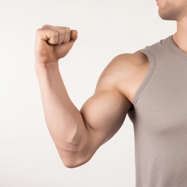 un primer plano de un hombre flexionando su brazo con un fondo blanco generativo ai