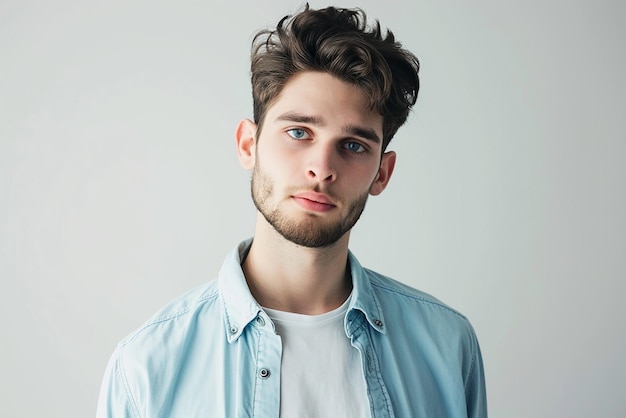 Primer plano de un hombre guapo con camisa azul sobre fondo blanco aislado