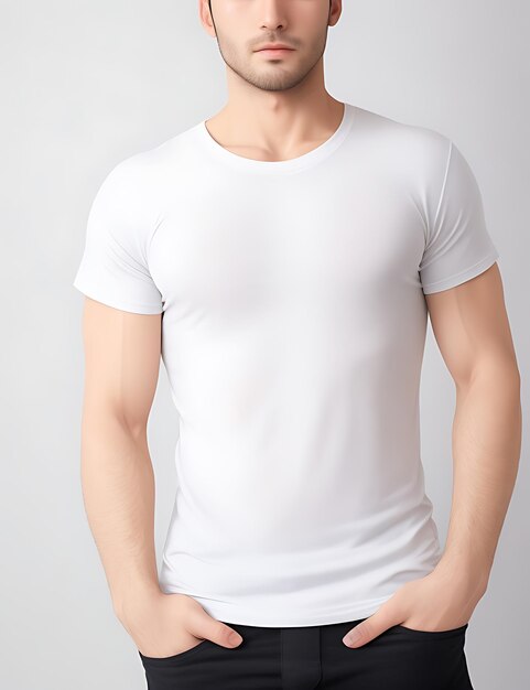 Primer plano del hombre con maqueta de camiseta blanca en blanco