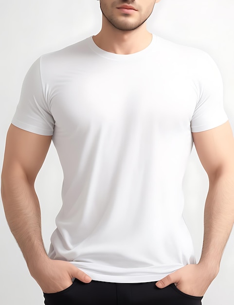 Primer plano del hombre con maqueta de camiseta blanca en blanco