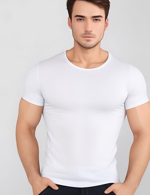 Primer plano del hombre con maqueta de camiseta blanca en blanco