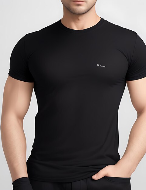 Primer plano de un hombre con maqueta de camiseta negra en blanco