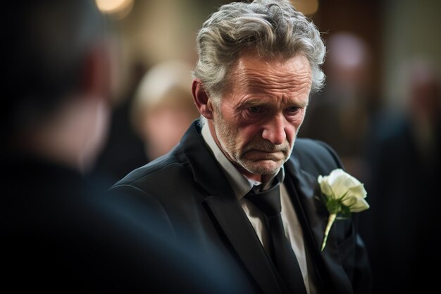 Foto un primer plano de un hombre mayor frente a un ramo funerario