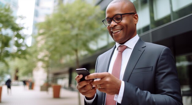 Primer plano de un hombre de negocios afroamericano en un traje formal con un teléfono inteligente