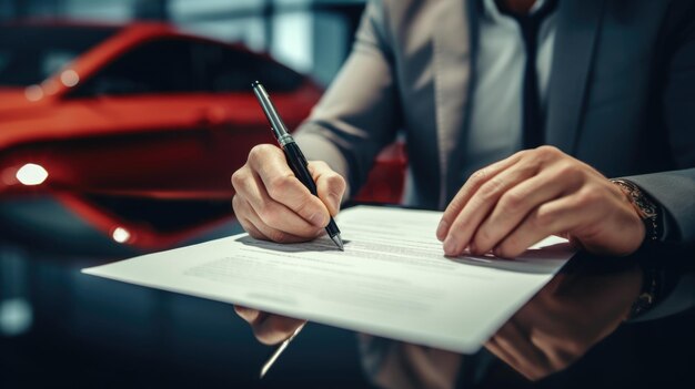 Foto primer plano de un hombre de negocios que firma un contrato de arrendamiento para un automóvil creado con tecnología de ia generativa