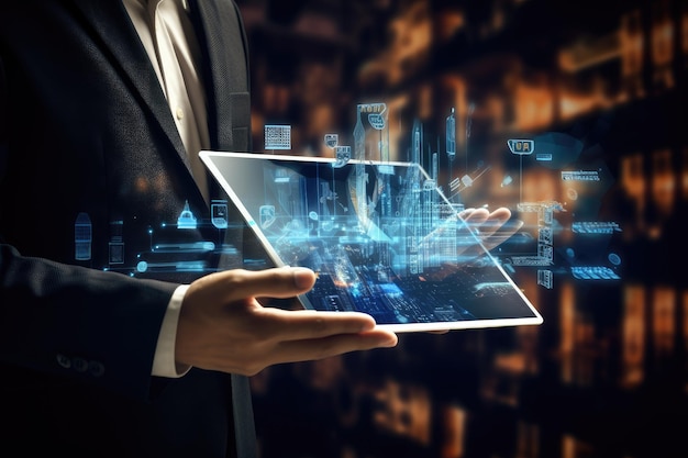 Primer plano de un hombre de negocios sosteniendo una tableta con un holograma de negocios en ella Mano de hombre de negocios usando una tableta con una interfaz de negocios digital Representación 3D generada por IA