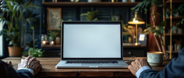 Un primer plano de un hombre de negocios trabajando en una computadora portátil con una pantalla en blanco en un escritorio de madera como un concepto de diseño