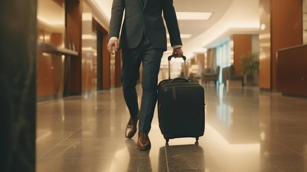 Primer plano de un hombre de negocios con traje que camina con una bolsa por el vestíbulo de un hotel IA generativa