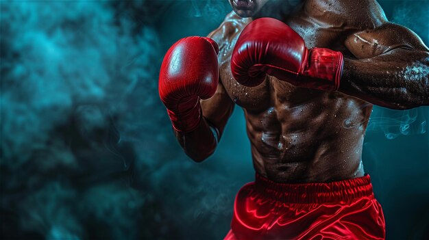 Foto un primer plano de un hombre con pantalones cortos rojos y guantes de boxeo rojos