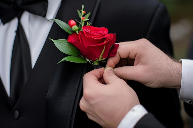 Un primer plano de un hombre pegando un botónero de rosa roja en una solapa de traje negro