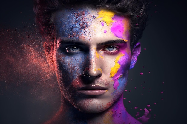 Primer plano del hombre con pintura facial multicolor sobre fondo oscuro ai generativo