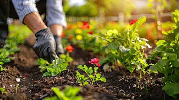 Foto primer plano de un hombre plantando flores en un césped de flores enfoque selectivo