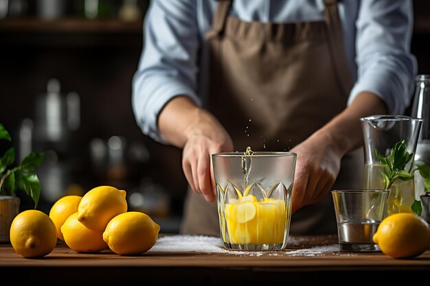 Primer plano de un hombre preparando limonada en la cocina