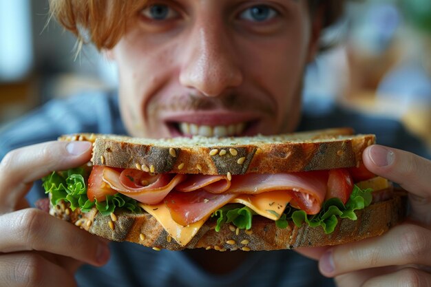 Foto un primer plano de un hombre a punto de comer un sándwich