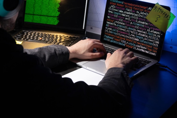 Foto primer plano del hombre que planea un ataque de piratas informáticos en una habitación oscura