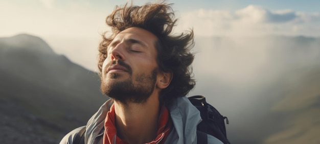 Primer plano de un hombre respirando aire fresco en un sendero de senderismo o meditación para la salud mental