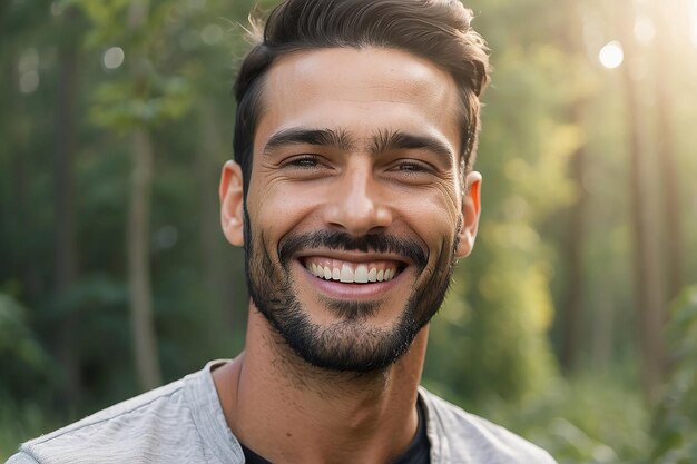 Un primer plano de un hombre sonriendo en la naturaleza