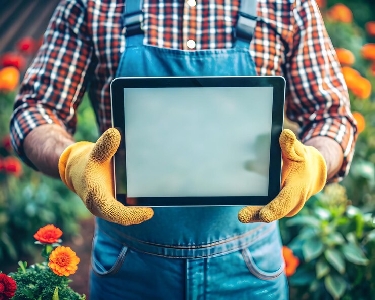 Un primer plano de un hombre con una tableta y una computadora.