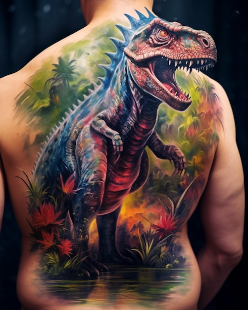 un primer plano de un hombre con un tatuaje de un dinosaurio en su espalda generativa ai