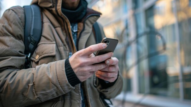 El primer plano de un hombre usando su teléfono móvil