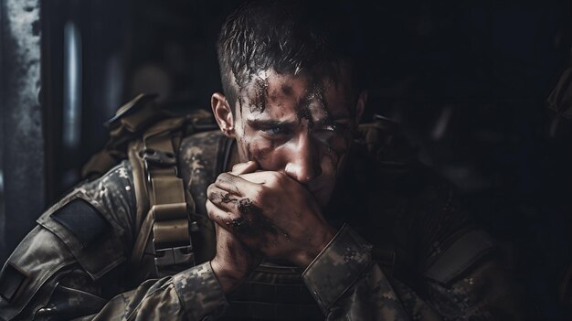 Primer plano de un hombre veterano en uniforme de camuflaje en la guerra experimentando el dolor del TEPT Concepto