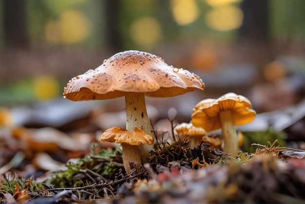 Un primer plano de un hongo chanterelle en el bosque de otoño