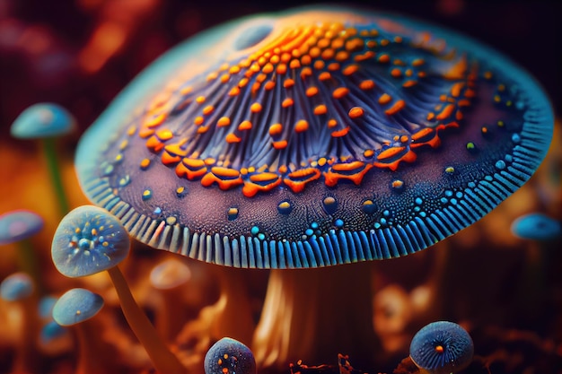 Foto primer plano de un hongo mágico con sus intrincados patrones y colores visibles creados con ai generativa