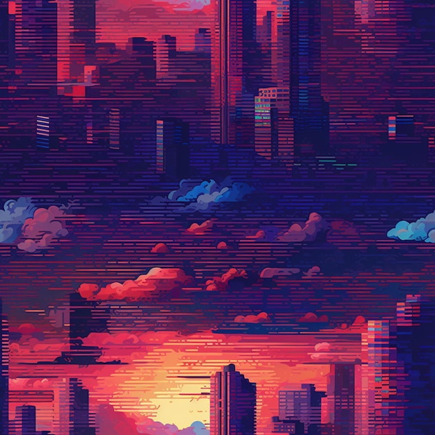 Un primer plano de un horizonte de la ciudad con una puesta de sol en el fondo