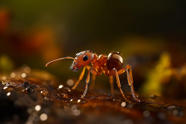 Un primer plano de una hormiga con la cara roja y los ojos negros.