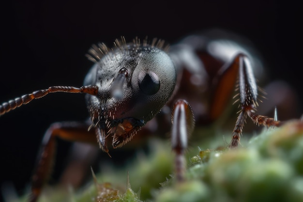 Un primer plano de una hormiga con un fondo negro