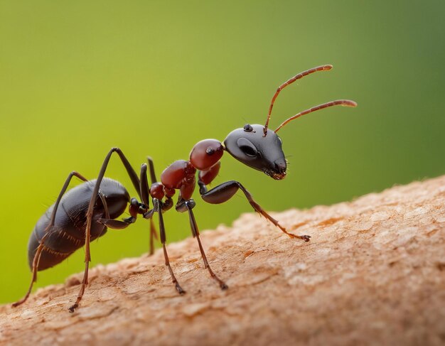 Un primer plano de una hormiga en madera que muestra detalles intrincados y colores vibrantes sobre un fondo verde suave