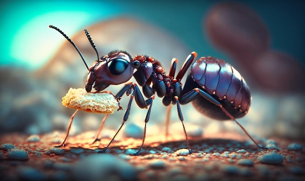 Un primer plano de una hormiga que lleva un trozo de comida muchas veces su propio tamaño