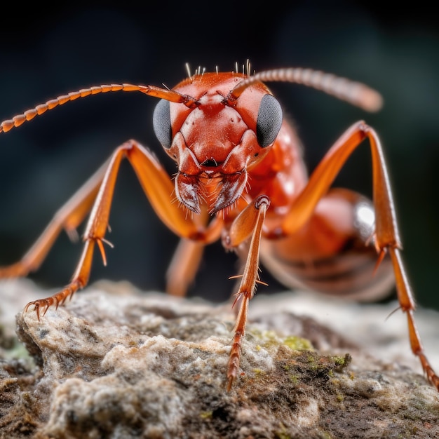 Un primer plano de una hormiga roja en una roca