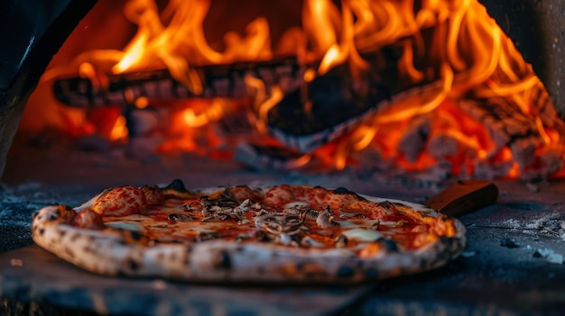 Un primer plano de un horno a leña con llamas rugiendo horneando una pizza crujiente a la perfección infundiéndola con sabor ahumado