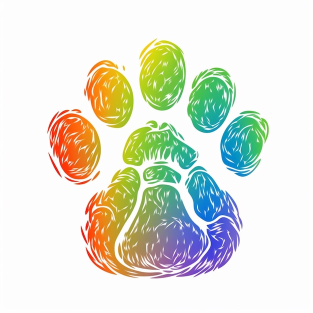Foto un primer plano de una huella de pata de perro con un fondo arco iris generativo ai