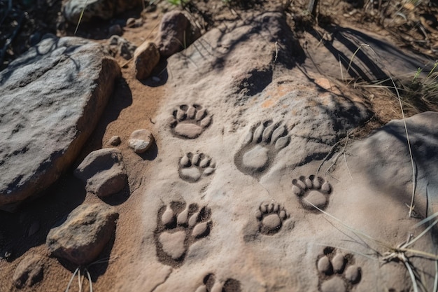 Primer plano de huellas de animales y señales con marcas de garras visibles en el suelo creadas con IA generativa