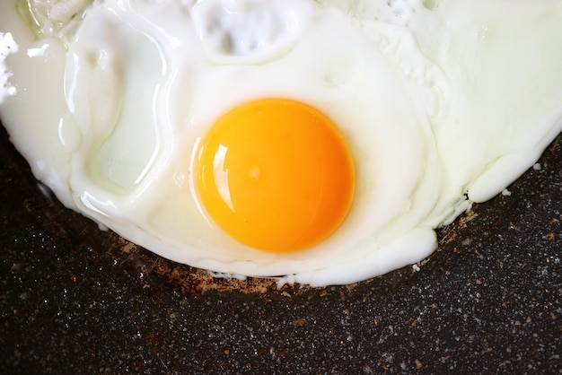 Primer plano de un huevo de gallina de color vibrante que se fríe en una sartén