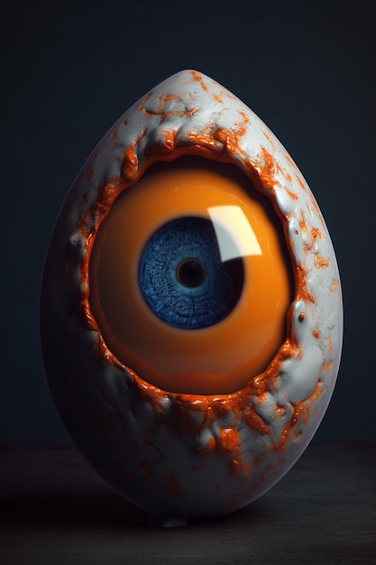 Un primer plano de un huevo con un ojo azul y pintura naranja.