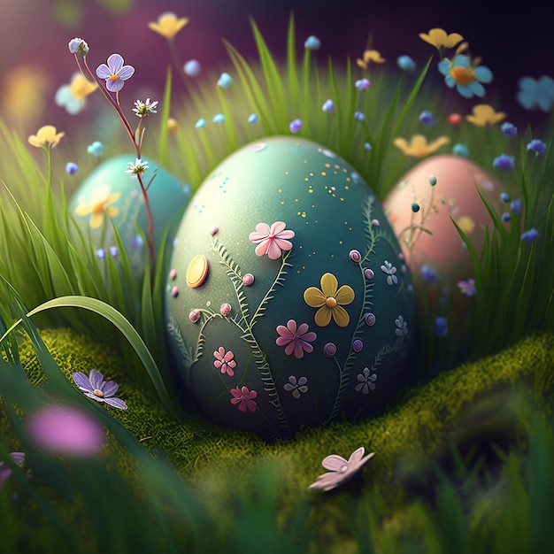 Primer plano del huevo de Pascua con patrón floral en arbusto IA generativa