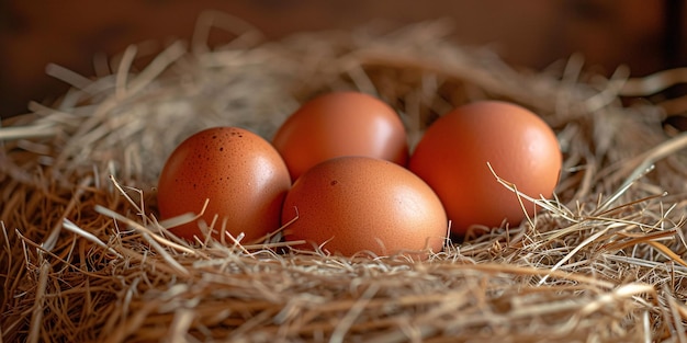 Primer plano de huevos marrones en un nido de paja en una granja avícola