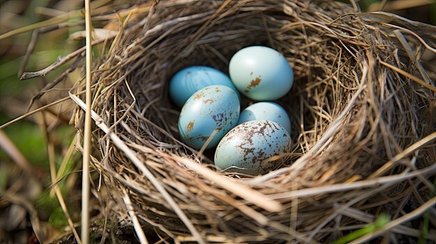 Foto un primer plano de huevos de pájaros moteados en un nido