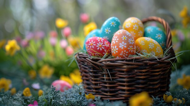 Un primer plano de huevos de Pascua coloridos dispuestos en una canasta con flores de primavera en el fondo