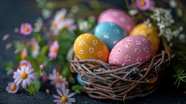 Foto un primer plano de huevos de pascua coloridos dispuestos en una canasta con flores de primavera en el fondo