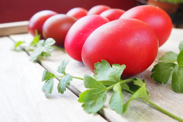 Primer plano de huevos de Pascua coloridos sobre fondo de madera Huevos de pollo hervidos con cáscaras rojas y marrones teñidas con cáscara de cebolla según una receta tradicional Hojas verdes frescas de perejil sobre la mesa