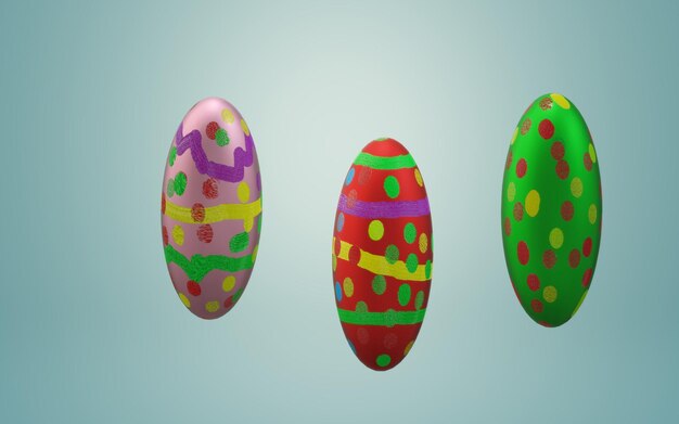 Primer plano de huevos de Pascua multicolores sobre un fondo blanco.