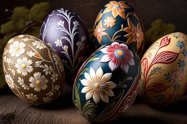 Primer plano de huevos pintados con motivos florales huevos de Pascua para la celebración de Pascua AI generativo Concepto de primavera Huevos de Pascua color iridiscente lustroso y nacarado