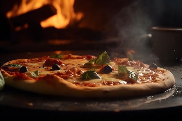 Primer plano de humeante pizza de horno de leña caliente en una placa de madera Ai generativo