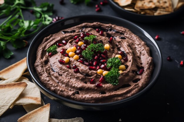 Primer plano de hummus de frijol negro con nachos en la mesa oscura