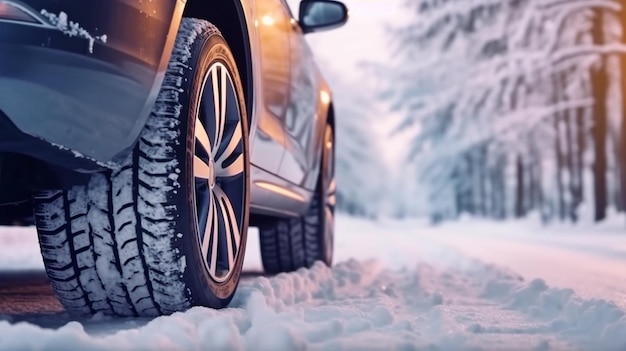 Primer plano de IA generativa de los neumáticos de un automóvil en una carretera cubierta de nieve invernal